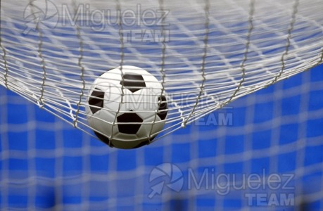 Foto de un balón sobre la red de una portería en el estadio de la Romareda (Zaragoza). 1996