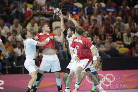 JUEGOS OLIMPICOS LONDRES 2012; celebrados del 27-07-2012 al 12-08-2012. 
 BALONMANO:  Pabellón Copper Box, 31-07-2012.  Partido de eliminatorias entre Dinamarca - España; resultado 24-23. 