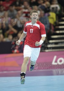 JUEGOS OLIMPICOS LONDRES 2012; celebrados del 27-07-2012 al 12-08-2012. 
 BALONMANO:  Pabellón Copper Box, 31-07-2012.  Partido de eliminatorias entre Dinamarca - España; resultado 24-23. 