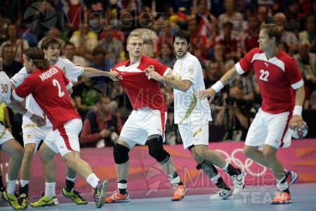 JUEGOS OLIMPICOS LONDRES 2012; celebrados del 27-07-2012 al 12-08-2012. 
 BALONMANO:  Pabellón Copper Box, 31-07-2012.  Partido de eliminatorias entre Dinamarca - España; resultado 24-23. 